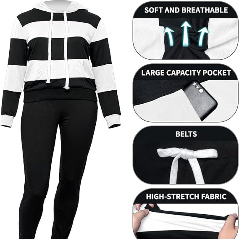 AOMONI Women's 2 Piece Black White Hooded Tracksuit 3XL